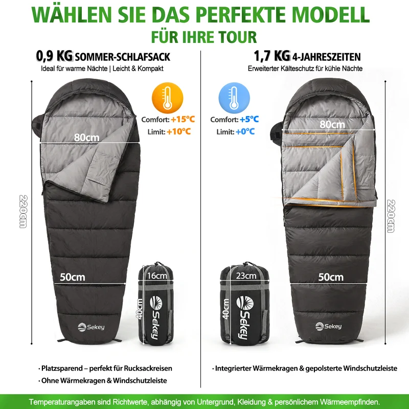 Sekey 4-Jahreszeiten Mumienschlafsack Erwachsene – 1,7 kg Schlafsack mit Anti-Klemm-Reißverschluss, wasserabweisend & atmungsaktiv, Komforttemperatur +5 °C, für Camping, Trekking & Outdoor