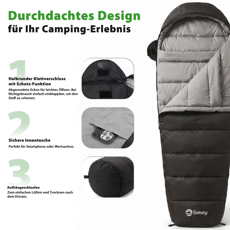 Sekey 4-Jahreszeiten Mumienschlafsack Erwachsene – 1,7 kg Schlafsack mit Anti-Klemm-Reißverschluss, wasserabweisend & atmungsaktiv, Komforttemperatur +5 °C, für Camping, Trekking & Outdoor