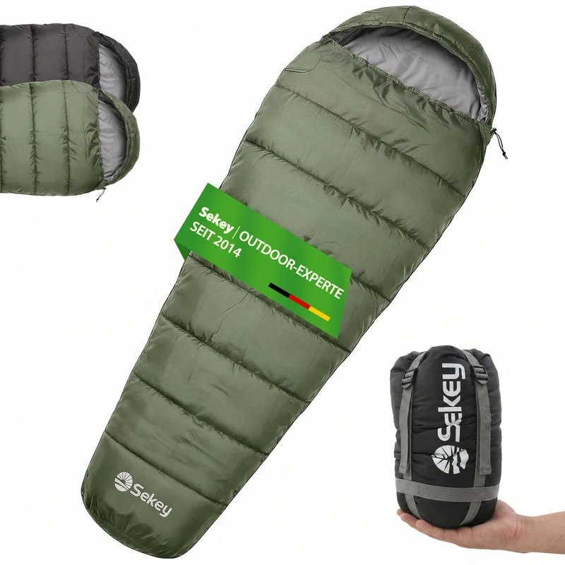 Sekey Mumienschlafsack Erwachsene – Ultraleichter Sommerschlafsack 0,9 kg / 1,7 kg, wasserabweisend & atmungsaktiv, mit Anti-Klemm-Reißverschluss, 220 × 80 × 50 cm, für Camping, Trekking & Reisen – Anthrazit / Grün