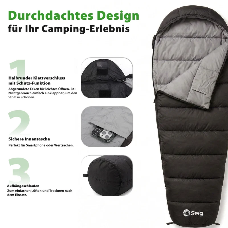 Sekey Mumienschlafsack Erwachsene – Ultraleichter Sommerschlafsack 0,9 kg / 1,7 kg, wasserabweisend & atmungsaktiv, mit Anti-Klemm-Reißverschluss, 220 × 80 × 50 cm, für Camping, Trekking & Reisen – Anthrazit / Grün