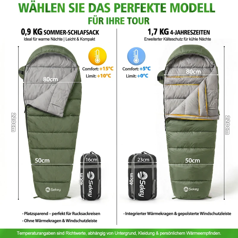 Sekey Mumienschlafsack Erwachsene – Ultraleichter Sommerschlafsack 0,9 kg / 1,7 kg, wasserabweisend & atmungsaktiv, mit Anti-Klemm-Reißverschluss, 220 × 80 × 50 cm, für Camping, Trekking & Reisen – Anthrazit / Grün