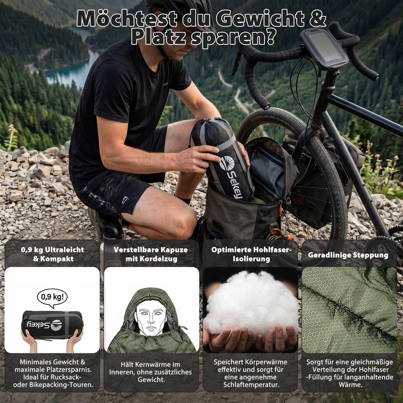 Sekey Mumienschlafsack Erwachsene – Ultraleichter Sommerschlafsack 0,9 kg / 1,7 kg, wasserabweisend & atmungsaktiv, mit Anti-Klemm-Reißverschluss, 220 × 80 × 50 cm, für Camping, Trekking & Reisen – Anthrazit / Grün