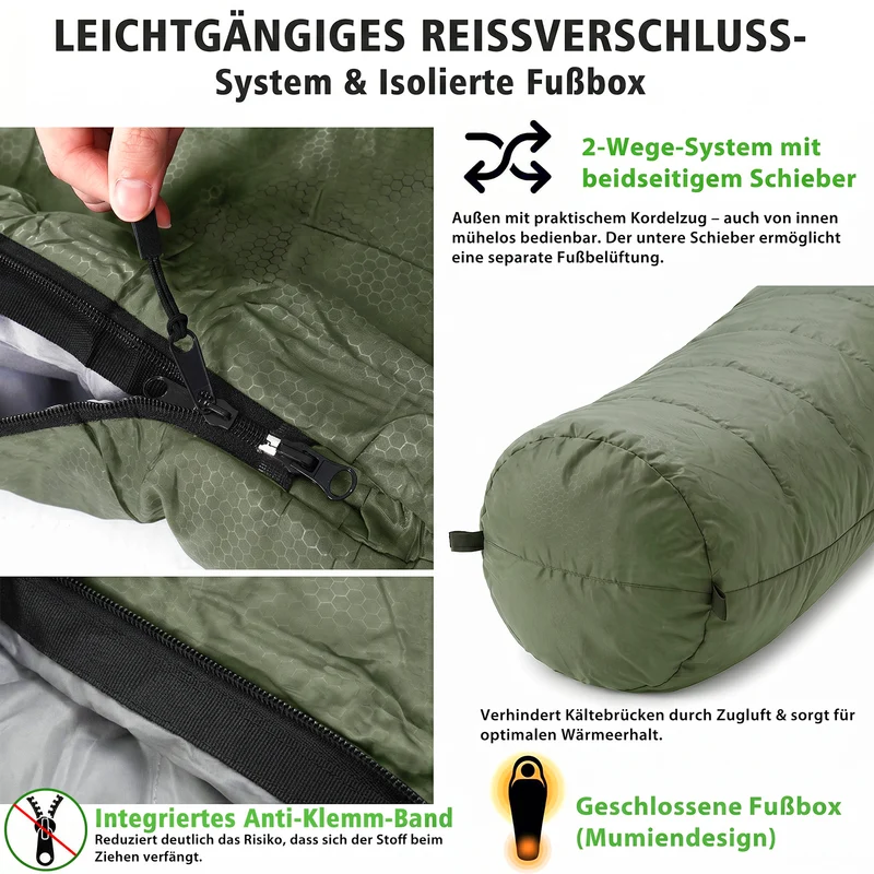 Sekey Mumienschlafsack Erwachsene – Ultraleichter Sommerschlafsack 0,9 kg / 1,7 kg, wasserabweisend & atmungsaktiv, mit Anti-Klemm-Reißverschluss, 220 × 80 × 50 cm, für Camping, Trekking & Reisen – Anthrazit / Grün