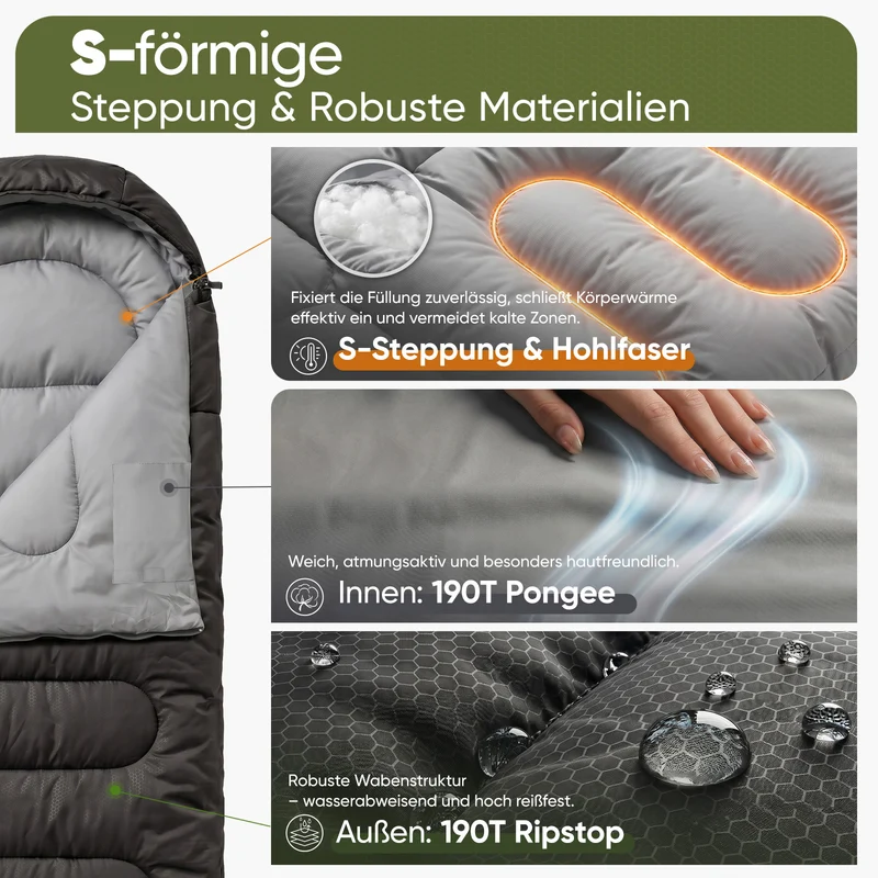 Sekey 3-Jahreszeiten Schlafsack 220×80 cm – 2-in-1 Deckenschlafsack (10–20 °C), 1,45 kg Leicht, mit Fußbelüftung & Anti-Klemm-Reißverschluss, für Camping & Outdoor – Anthrazit / Grün