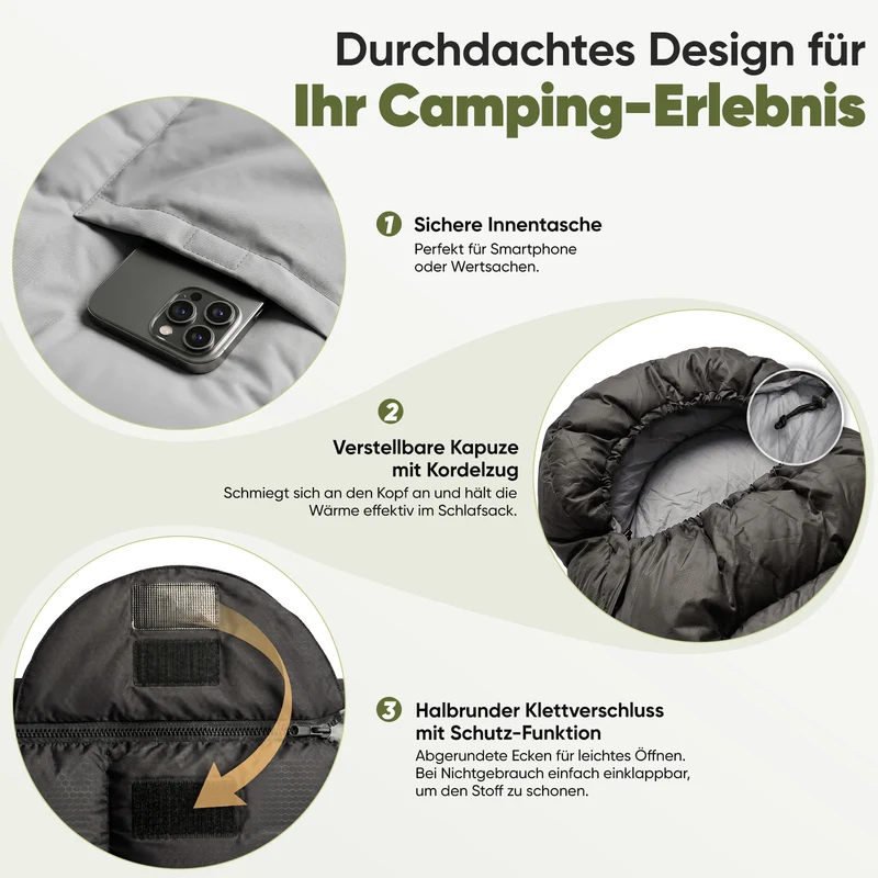 Sekey 3-Jahreszeiten Schlafsack 220×80 cm – 2-in-1 Deckenschlafsack (10–20 °C), 1,45 kg Leicht, mit Fußbelüftung & Anti-Klemm-Reißverschluss, für Camping & Outdoor – Anthrazit / Grün