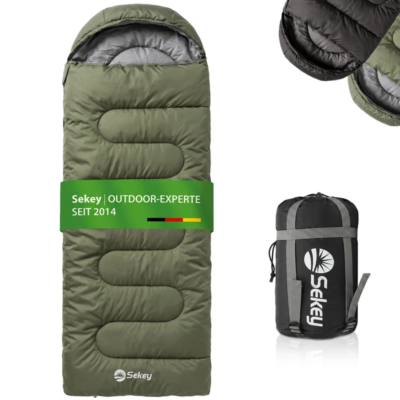Sekey 3-Jahreszeiten Schlafsack 220×80 cm – 2-in-1 Deckenschlafsack (10–20 °C), 1,45 kg Leicht, mit Fußbelüftung & Anti-Klemm-Reißverschluss, für Camping & Outdoor – Anthrazit / Grün