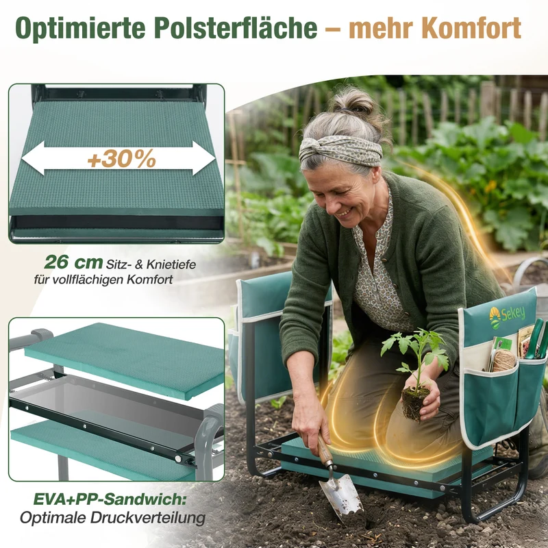 Sekey Höhenverstellbare Kniebank für Gartenarbeit Belastbarkeit 180KG, Gartenhocker Klappbar mit Werkzeugtaschen, Knie Komfort Garten, Grün