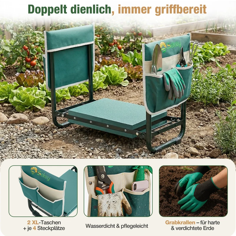 Sekey Höhenverstellbare Kniebank für Gartenarbeit Belastbarkeit 180KG, Gartenhocker Klappbar mit Werkzeugtaschen, Knie Komfort Garten, Grün