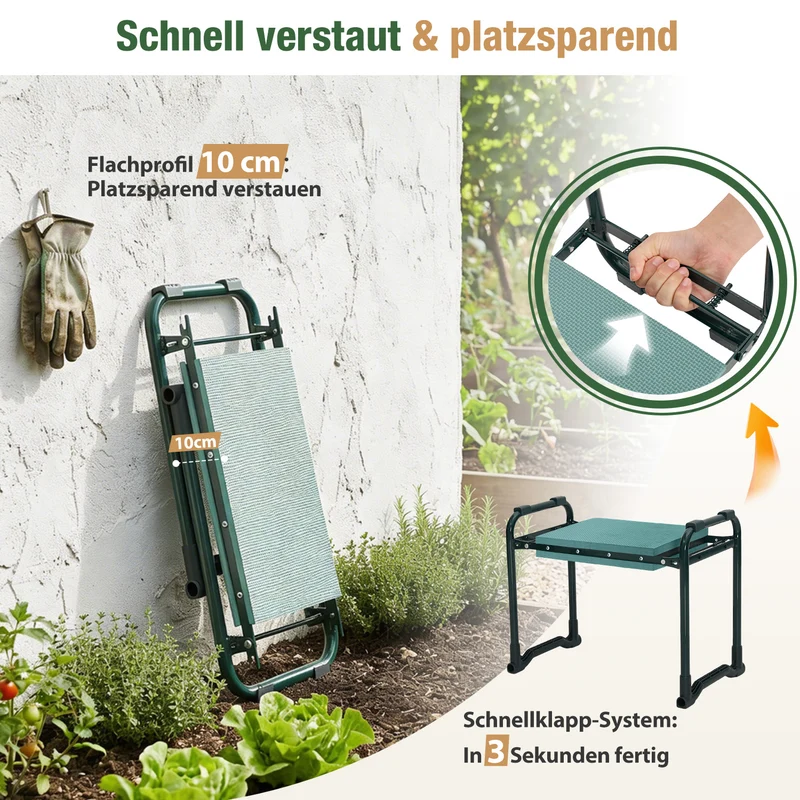 Sekey Höhenverstellbare Kniebank für Gartenarbeit Belastbarkeit 180KG, Gartenhocker Klappbar mit Werkzeugtaschen, Knie Komfort Garten, Grün