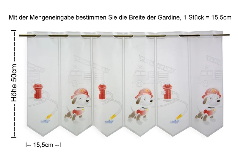 nach Maß Scheibengardine Feuerwehr Hund Höhe 50cm Bistrogardine Kinderzimmer