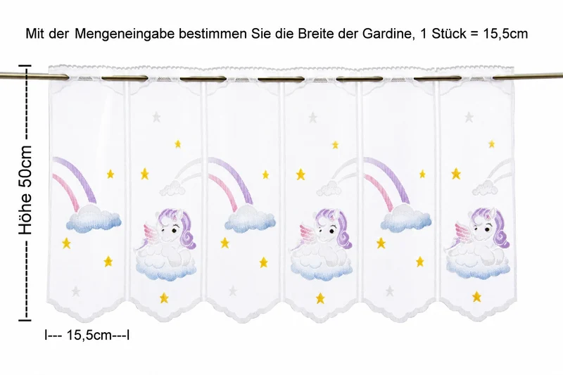 nach Maß Scheibengardine Pegasus Höhe 50cm Bistrogardine Kinderzimmer Einhorn