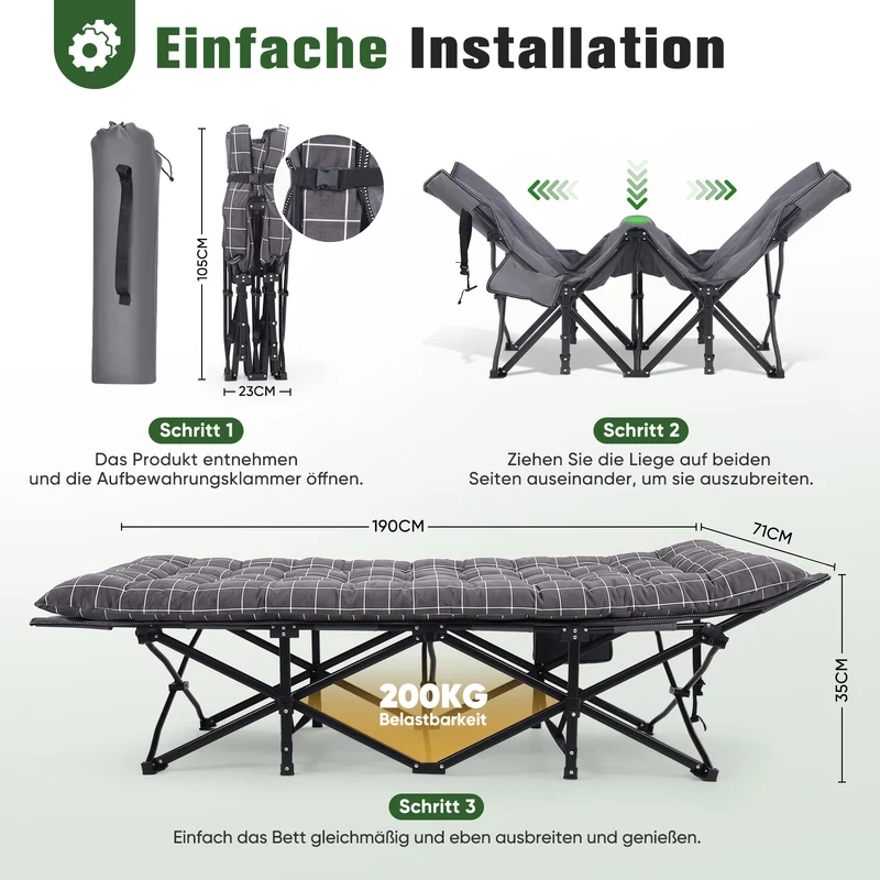 Sekey Feldbett Klappbar mit Matratze 190 × 71 cm – Campingbett bis 200 kg, Faltbett mit 7 cm Matratze, Tragbares Gästebett für Outdoor, Reisen & Zuhause