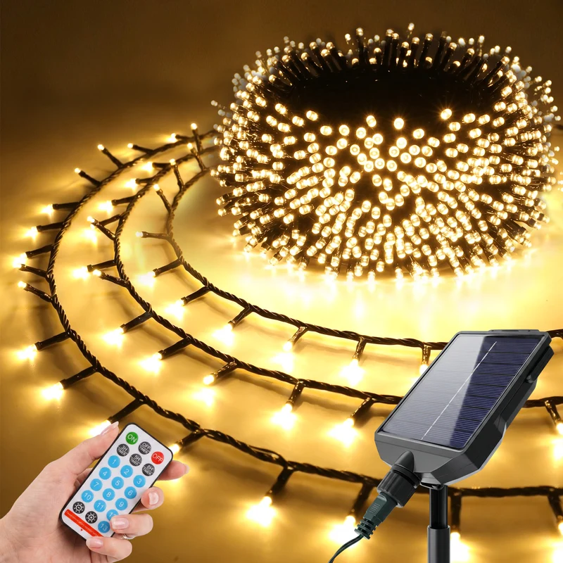 Salcar Solar Cluster Lichterkette Außen mit Fernbedienung – Warmweiß LED Lichterkette mit 13 Modi, Solar & USB Aufladung, Wetterfest Gartenbeleuchtung für Balkon, Terrasse & Party