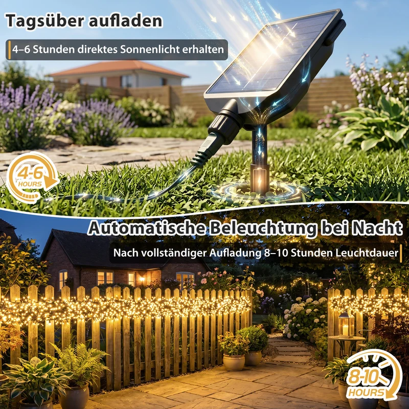 Salcar Solar Cluster Lichterkette Außen mit Fernbedienung – Warmweiß LED Lichterkette mit 13 Modi, Solar & USB Aufladung, Wetterfest Gartenbeleuchtung für Balkon, Terrasse & Party