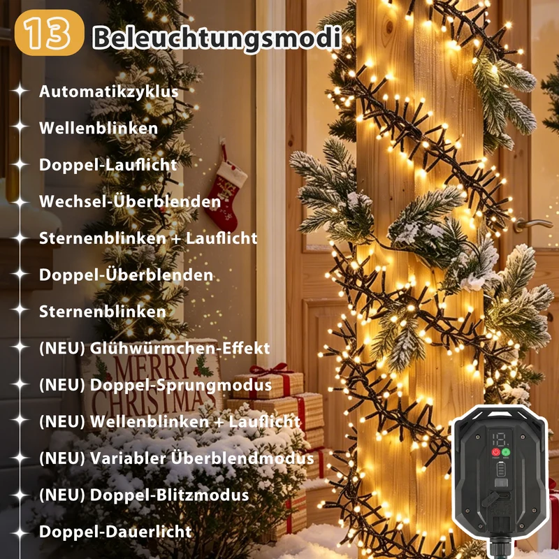 Salcar Solar Cluster Lichterkette Außen mit Fernbedienung – Warmweiß LED Lichterkette mit 13 Modi, Solar & USB Aufladung, Wetterfest Gartenbeleuchtung für Balkon, Terrasse & Party