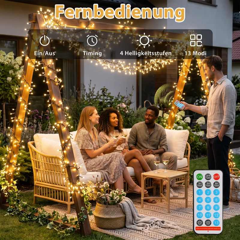 Salcar Solar Cluster Lichterkette Außen mit Fernbedienung – Warmweiß LED Lichterkette mit 13 Modi, Solar & USB Aufladung, Wetterfest Gartenbeleuchtung für Balkon, Terrasse & Party