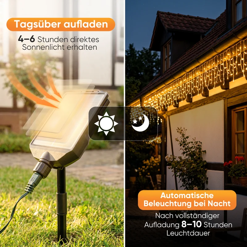 Salcar Solar Eisregen Lichterkette Außen mit Fernbedienung – Warmweiß LED Lichtervorhang mit 13 Modi, Solar & USB Aufladung, Wetterfest Gartenbeleuchtung für Fenster, Balkon & Terrasse