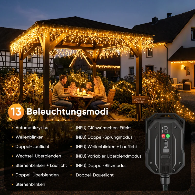 Salcar Solar Eisregen Lichterkette Außen mit Fernbedienung – Warmweiß LED Lichtervorhang mit 13 Modi, Solar & USB Aufladung, Wetterfest Gartenbeleuchtung für Fenster, Balkon & Terrasse