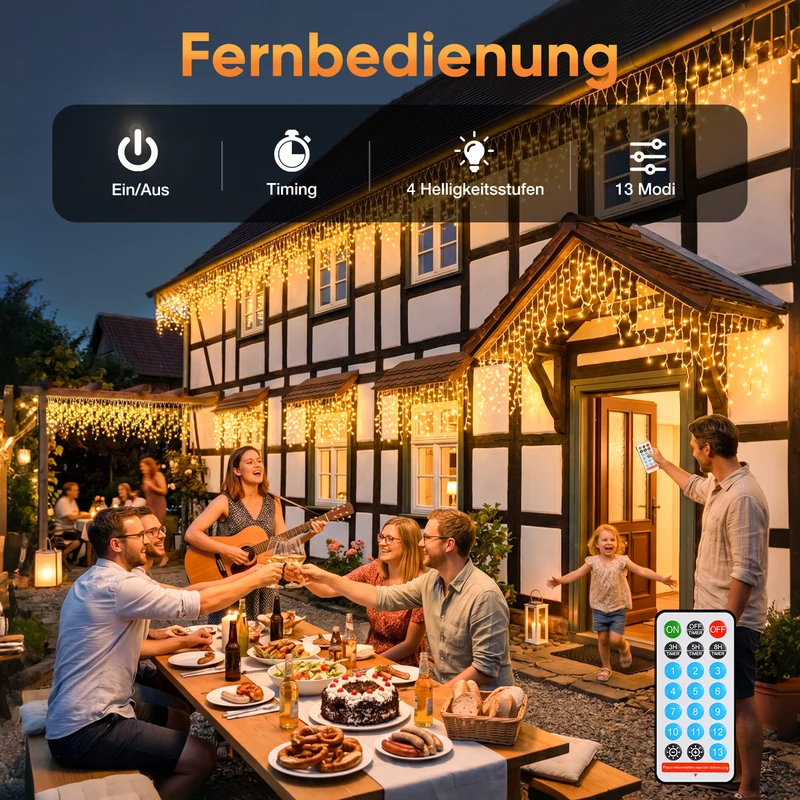 Salcar Solar Eisregen Lichterkette Außen mit Fernbedienung – Warmweiß LED Lichtervorhang mit 13 Modi, Solar & USB Aufladung, Wetterfest Gartenbeleuchtung für Fenster, Balkon & Terrasse