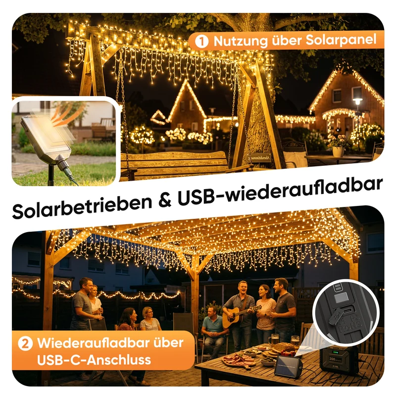 Salcar Solar Eisregen Lichterkette Außen mit Fernbedienung – Warmweiß LED Lichtervorhang mit 13 Modi, Solar & USB Aufladung, Wetterfest Gartenbeleuchtung für Fenster, Balkon & Terrasse