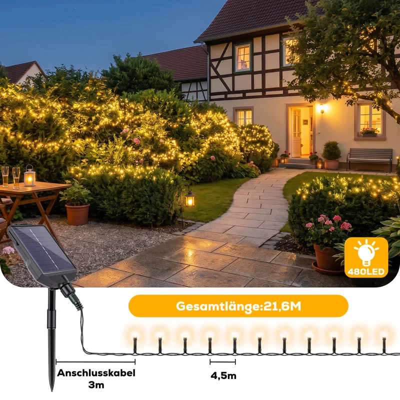 Salcar Solar Lichterkette Außen mit Fernbedienung – Warmweiß LED Gartenbeleuchtung mit 13 Modi, Wetterfest Solar Lichterkette für Balkon, Terrasse, Garten & Hochzeit