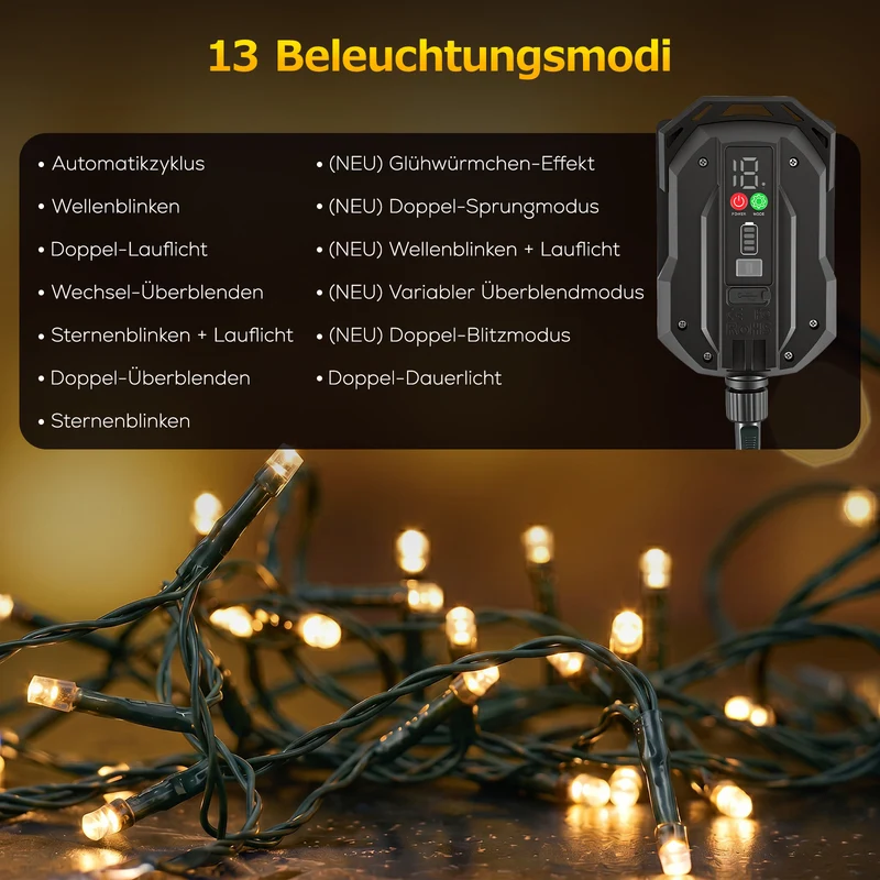 Salcar Solar Lichterkette Außen mit Fernbedienung – Warmweiß LED Gartenbeleuchtung mit 13 Modi, Wetterfest Solar Lichterkette für Balkon, Terrasse, Garten & Hochzeit