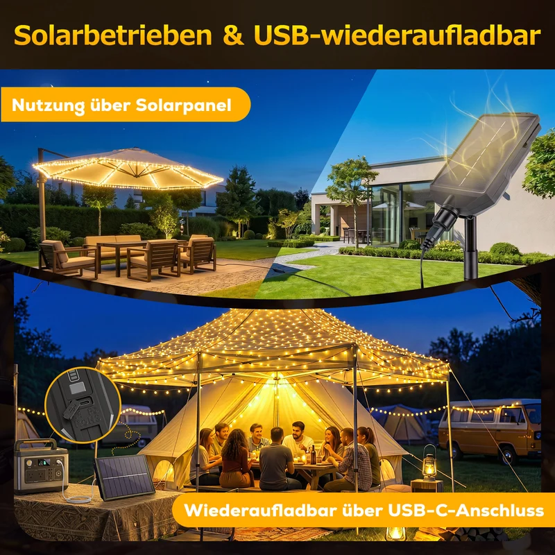 Salcar Solar Lichterkette Außen mit Fernbedienung – Warmweiß LED Gartenbeleuchtung mit 13 Modi, Wetterfest Solar Lichterkette für Balkon, Terrasse, Garten & Hochzeit