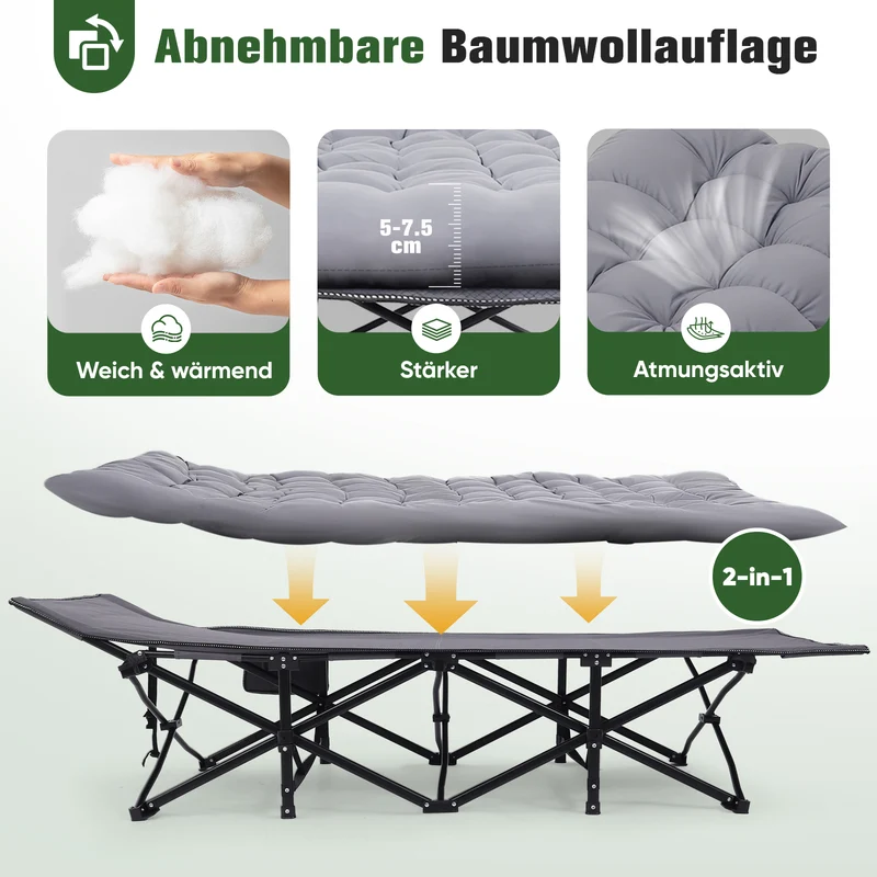 Sekey XXL Klappbett 202 × 80 × 45 cm – Extra breites Feldbett mit 7 cm Matratze, Campingbett bis 200 kg, Faltbares Gästebett mit Seitentasche aus Oxford-Gewebe für Camping, Garten & Outdoor