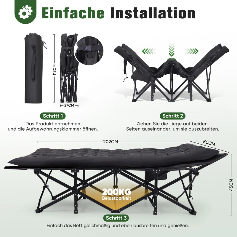 Sekey XXL Klappbett 202 × 80 × 45 cm – Extra breites Feldbett mit 7 cm Matratze, Campingbett bis 200 kg, Faltbares Gästebett mit Seitentasche aus Oxford-Gewebe für Camping, Garten & Outdoor