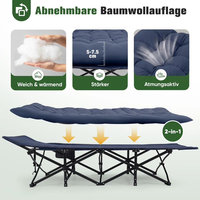 Sekey Feldbett Klappbar 190 × 71 × 35 cm – Campingbett mit 7 cm Matratze, Campingliege & Angelliege bis 200 kg, Faltbares Gästebett aus 1200D Oxford-Gewebe für Camping, Garten & Outdoor, Dunkelblau