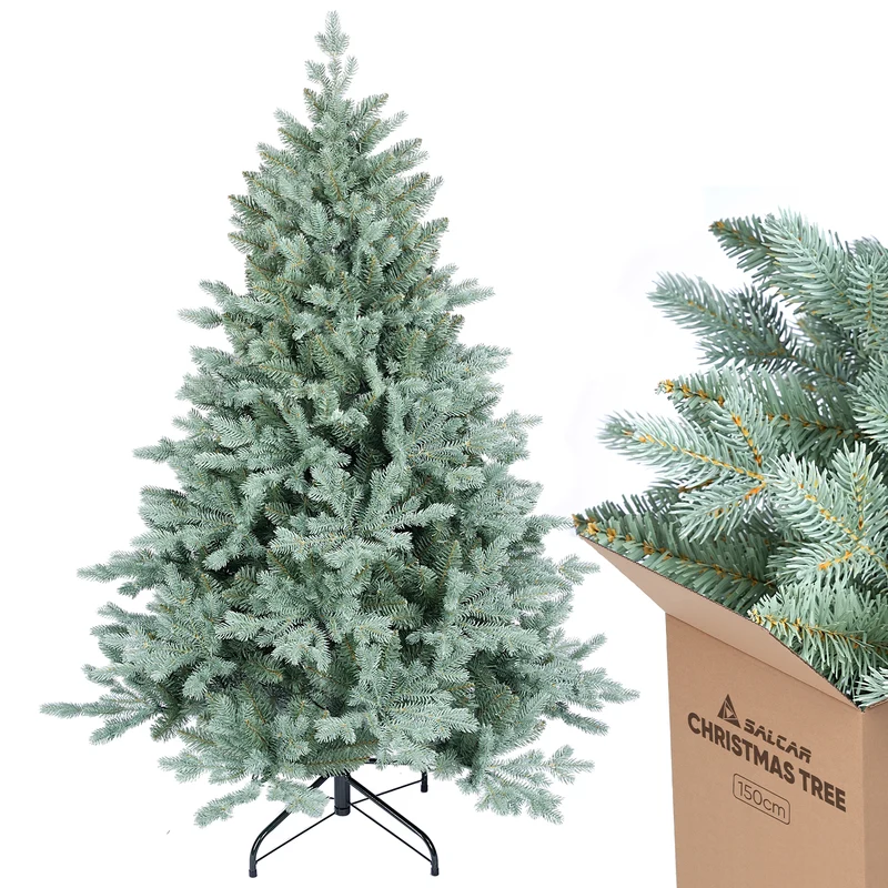 Salcar Künstlicher Weihnachtsbaum aus PE & unsichtbaren PVC-Spitzen – Natürliche graugrüne Tanne mit Schnellaufbau-Klappsystem & stabilem Metallständer (150 cm / 180 cm / 210 cm)