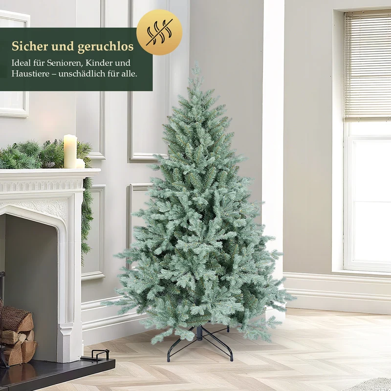 Salcar Künstlicher Weihnachtsbaum aus PE & unsichtbaren PVC-Spitzen – Natürliche graugrüne Tanne mit Schnellaufbau-Klappsystem & stabilem Metallständer (150 cm / 180 cm / 210 cm)