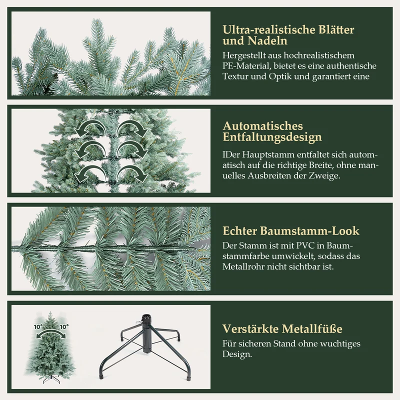 Salcar Künstlicher Weihnachtsbaum aus PE & unsichtbaren PVC-Spitzen – Natürliche graugrüne Tanne mit Schnellaufbau-Klappsystem & stabilem Metallständer (150 cm / 180 cm / 210 cm)
