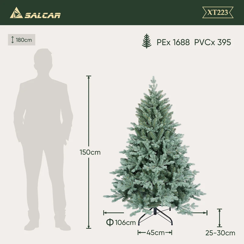 Salcar Künstlicher Weihnachtsbaum aus PE & unsichtbaren PVC-Spitzen – Natürliche graugrüne Tanne mit Schnellaufbau-Klappsystem & stabilem Metallständer (150 cm / 180 cm / 210 cm)