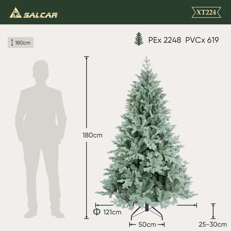 Salcar Künstlicher Weihnachtsbaum aus PE & unsichtbaren PVC-Spitzen – Natürliche graugrüne Tanne mit Schnellaufbau-Klappsystem & stabilem Metallständer (150 cm / 180 cm / 210 cm)