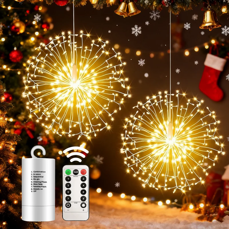 Salcar LED Leuchtkugel Weihnachten Feuerwerk Lichterkette – 198 LEDs, 8 Modi, Timer & Fernbedienung, Batteriebetrieben & IP44 Wasserdicht – Weihnachtsbeleuchtung für Innen & Außen