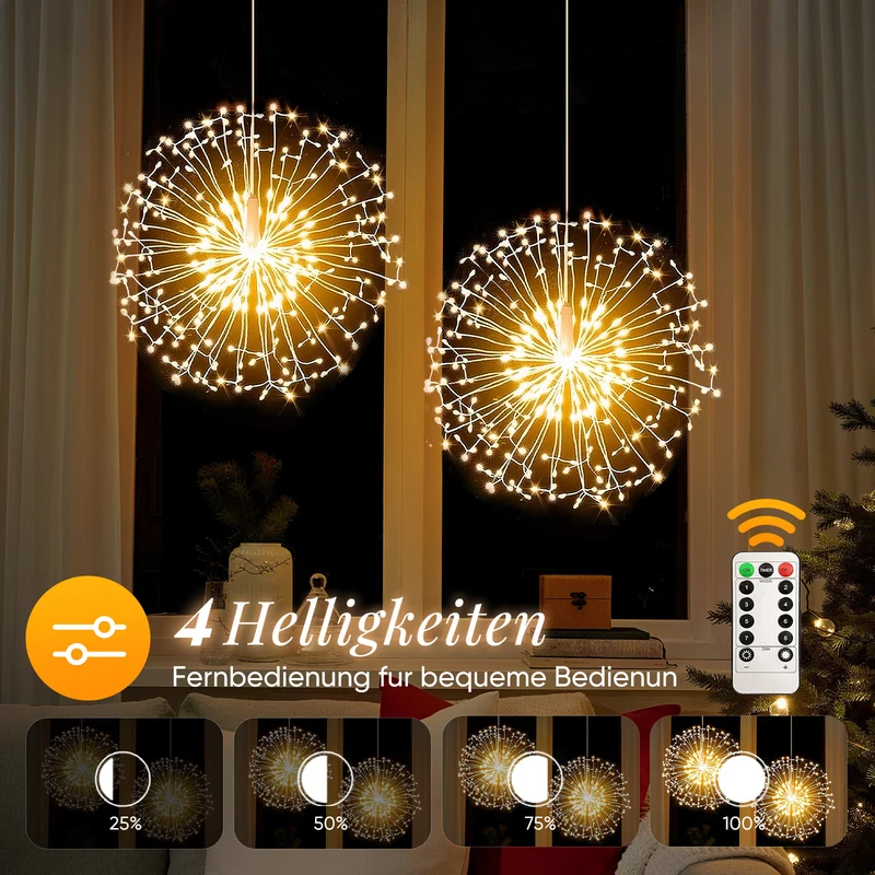 Salcar LED Leuchtkugel Weihnachten Feuerwerk Lichterkette – 198 LEDs, 8 Modi, Timer & Fernbedienung, Batteriebetrieben & IP44 Wasserdicht – Weihnachtsbeleuchtung für Innen & Außen