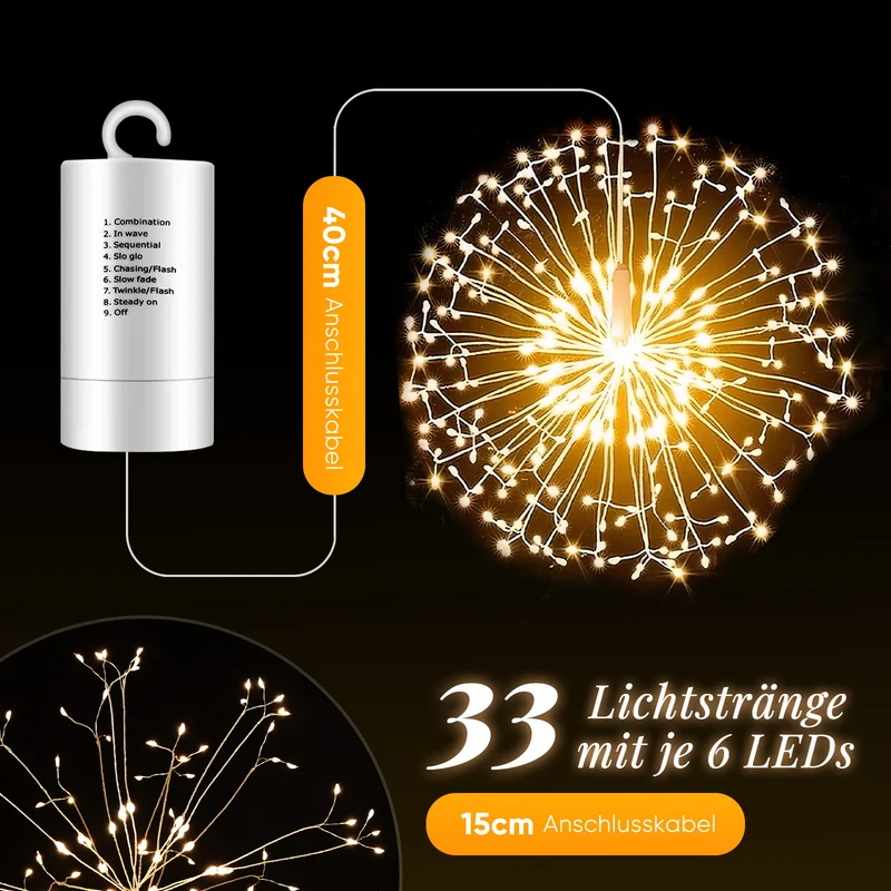 Salcar LED Leuchtkugel Weihnachten Feuerwerk Lichterkette – 198 LEDs, 8 Modi, Timer & Fernbedienung, Batteriebetrieben & IP44 Wasserdicht – Weihnachtsbeleuchtung für Innen & Außen