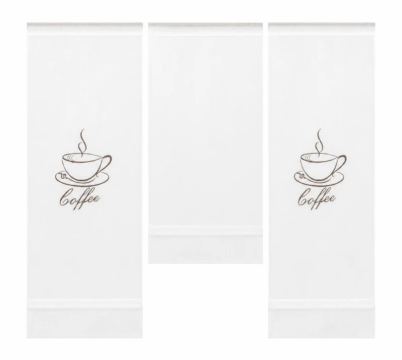 Design Mini Flächenvorhang Set weiß bestickt Kaffee Coffee Scheibengardine 4057-01