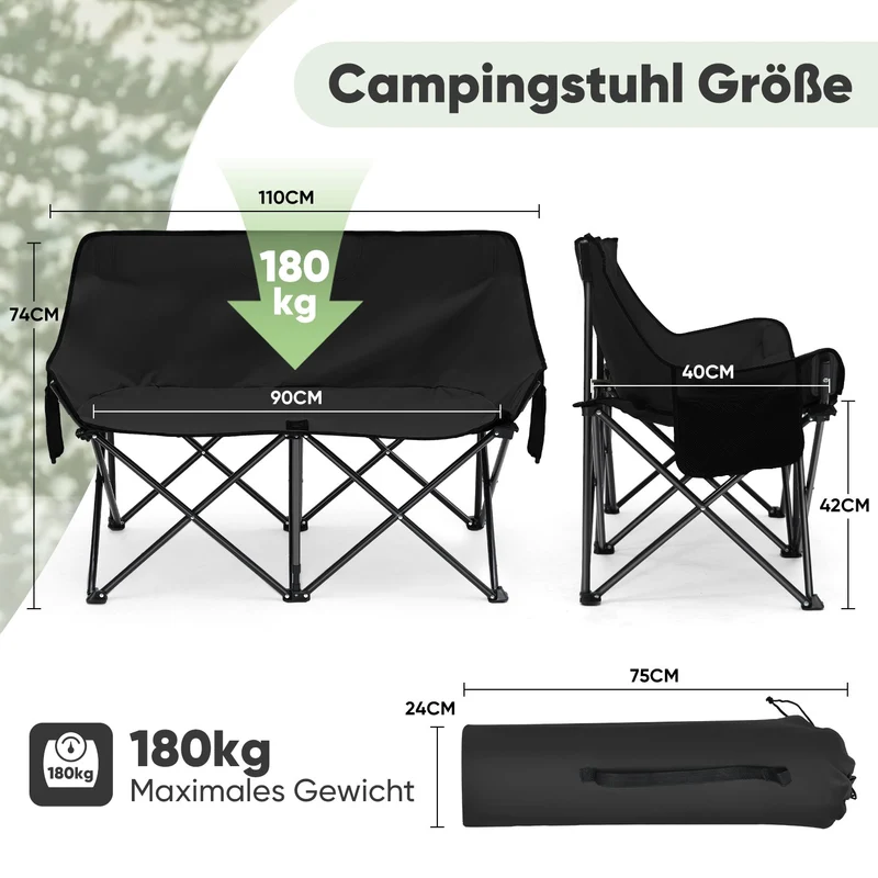 Sunula Faltbarer Campingsofa für 2 Personen, Tragbarer Campingstuhl bis 150 kg, Mit Armlehne und Tragetasche, Outdoor-Faltstuhl, Ideal für Picknick, Camping, Garten, Balkon, Angeln