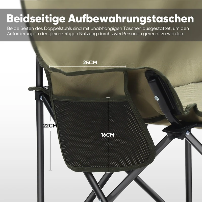 Sunula Faltbarer Campingsofa für 2 Personen, Tragbarer Campingstuhl bis 150 kg, Mit Armlehne und Tragetasche, Outdoor-Faltstuhl, Ideal für Picknick, Camping, Garten, Balkon, Angeln