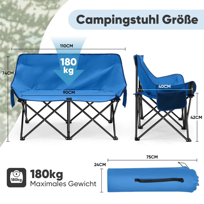 Sunula Faltbarer Campingsofa für 2 Personen, Tragbarer Campingstuhl bis 150 kg, Mit Armlehne und Tragetasche, Outdoor-Faltstuhl, Ideal für Picknick, Camping, Garten, Balkon, Angeln
