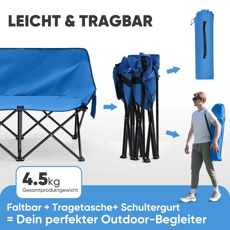 Sunula Faltbarer Campingsofa für 2 Personen, Tragbarer Campingstuhl bis 150 kg, Mit Armlehne und Tragetasche, Outdoor-Faltstuhl, Ideal für Picknick, Camping, Garten, Balkon, Angeln