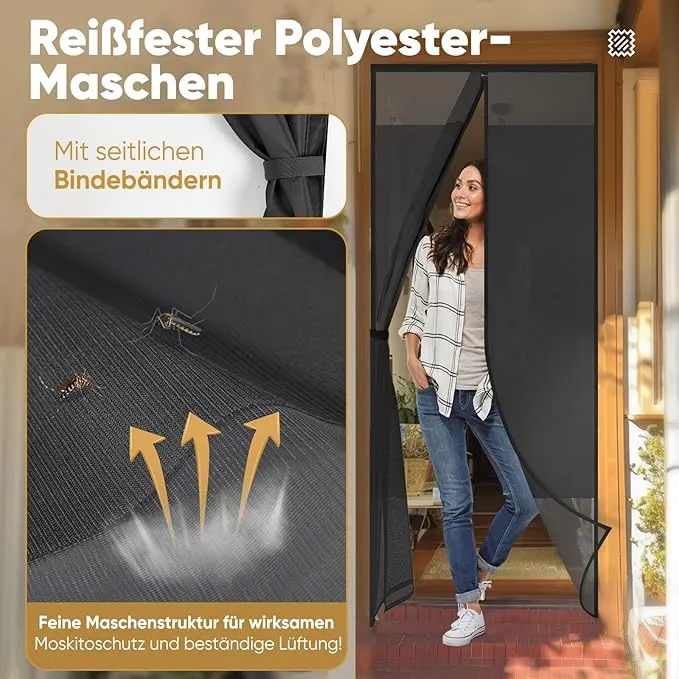 Sekey Fliegengitter Balkontür Magnet, Insektenschutz mit Privatsphäre, Klettverschluss-Montage, Bohrenfrei, Passend für Holz-, Eisen- & Aluminiumtüren, Schwarz