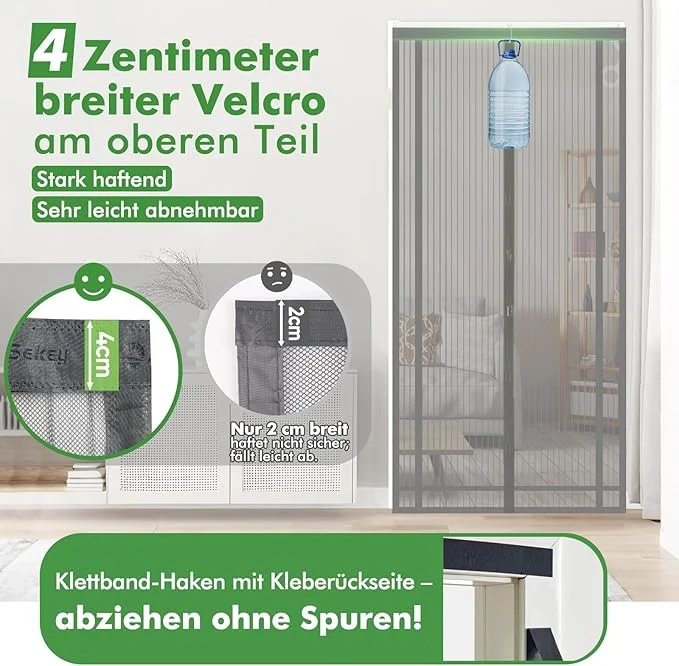 Sekey Fliegengitter Tür, Zuschneidbar & Selbstklebend, Magnetverschluss ohne Bohren, Insektenschutz für Balkon-, Terrassen- & Zimmertüren, Grau