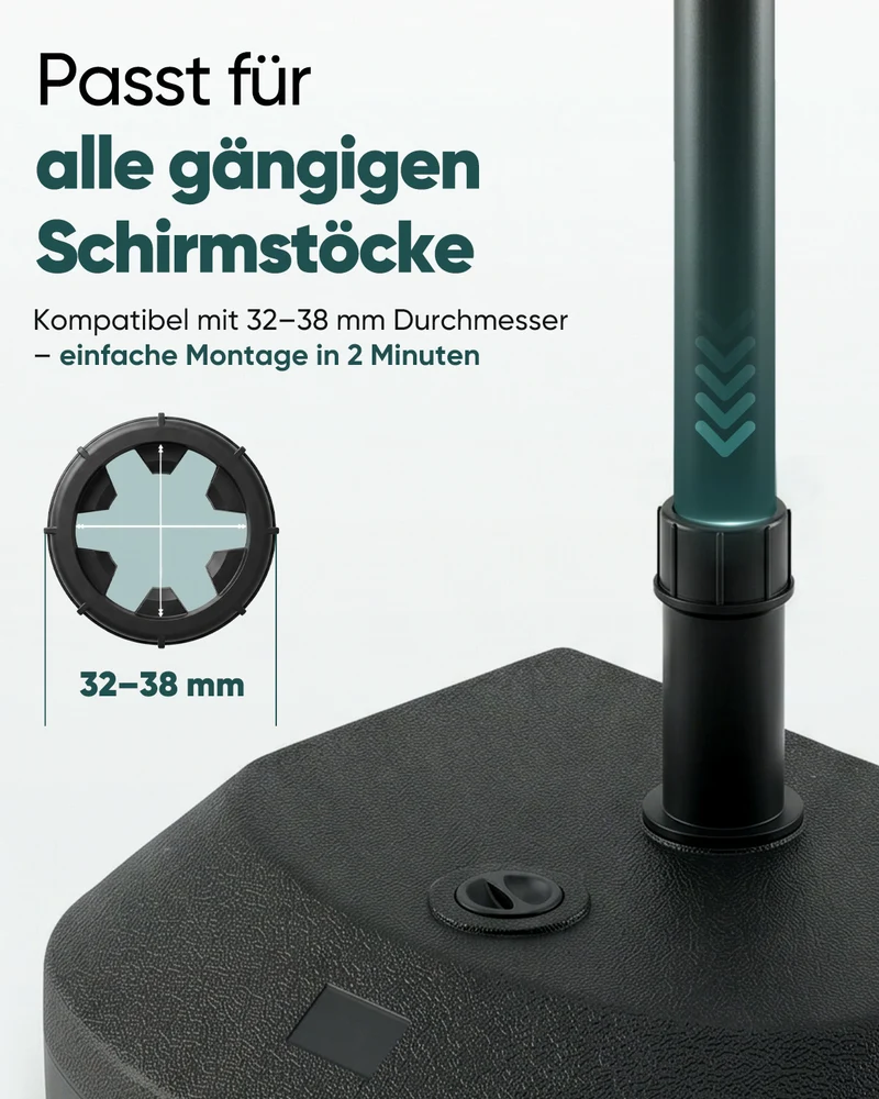 Sekey Halbrunder Sonnenschirmständer befüllbar – 32–38 mm, Kunststoff, bis 32 kg (Sand) / 24 L (Wasser), Schwarz