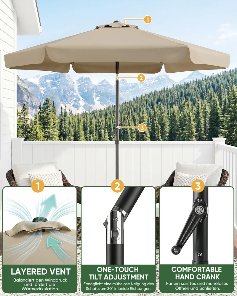 Sekey Sonnenschirm Ø200 cm rund mit Kurbel & Knickfunktion – Balkon Sonnenschirm UV50+, wetterfest & stabil für Terrasse, Garten & Camping