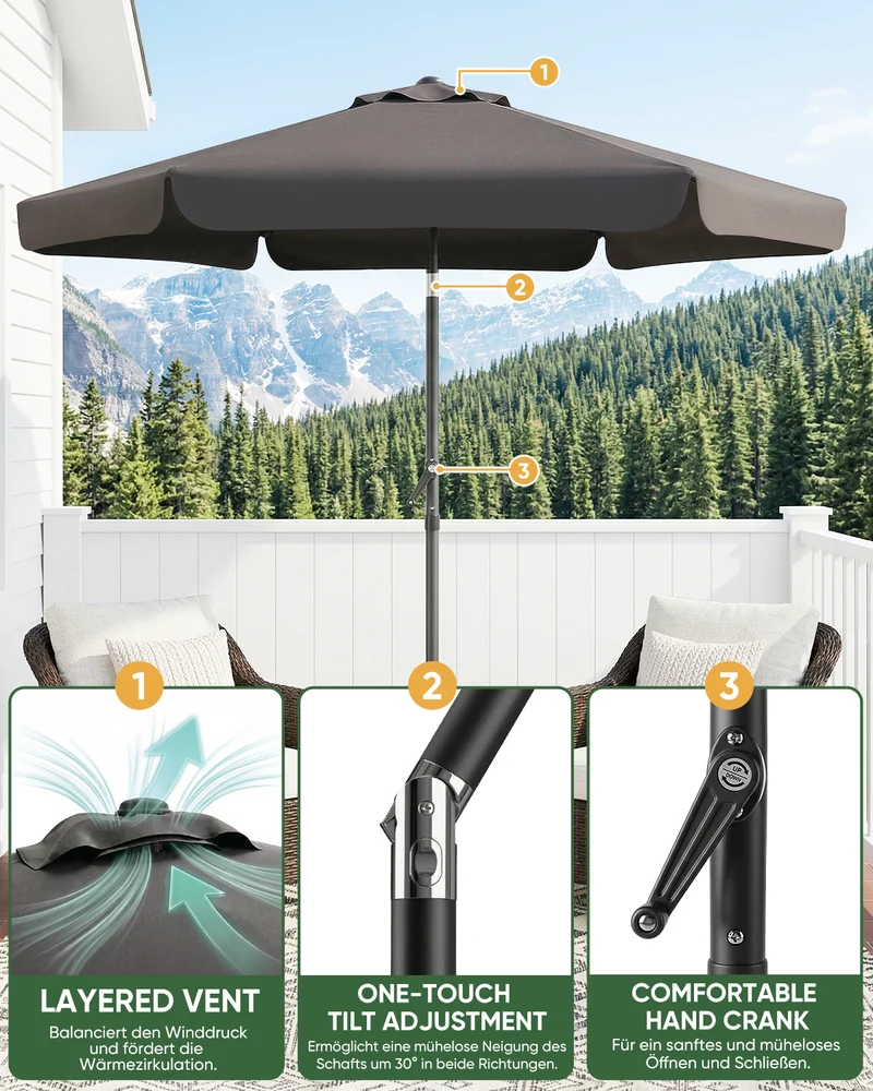 Sekey Sonnenschirm Ø200 cm rund mit Kurbel & Knickfunktion – Balkon Sonnenschirm UV50+, wetterfest & stabil für Terrasse, Garten & Camping