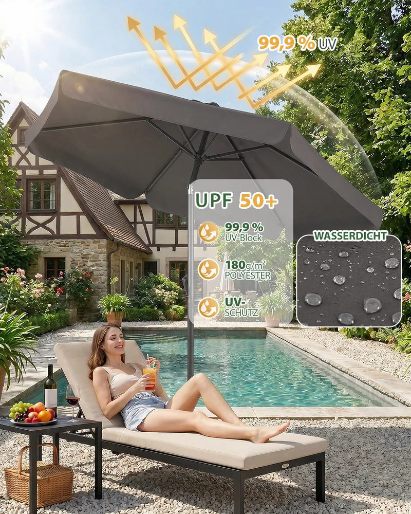 Sekey Sonnenschirm Ø200 cm rund mit Kurbel & Knickfunktion – Balkon Sonnenschirm UV50+, wetterfest & stabil für Terrasse, Garten & Camping