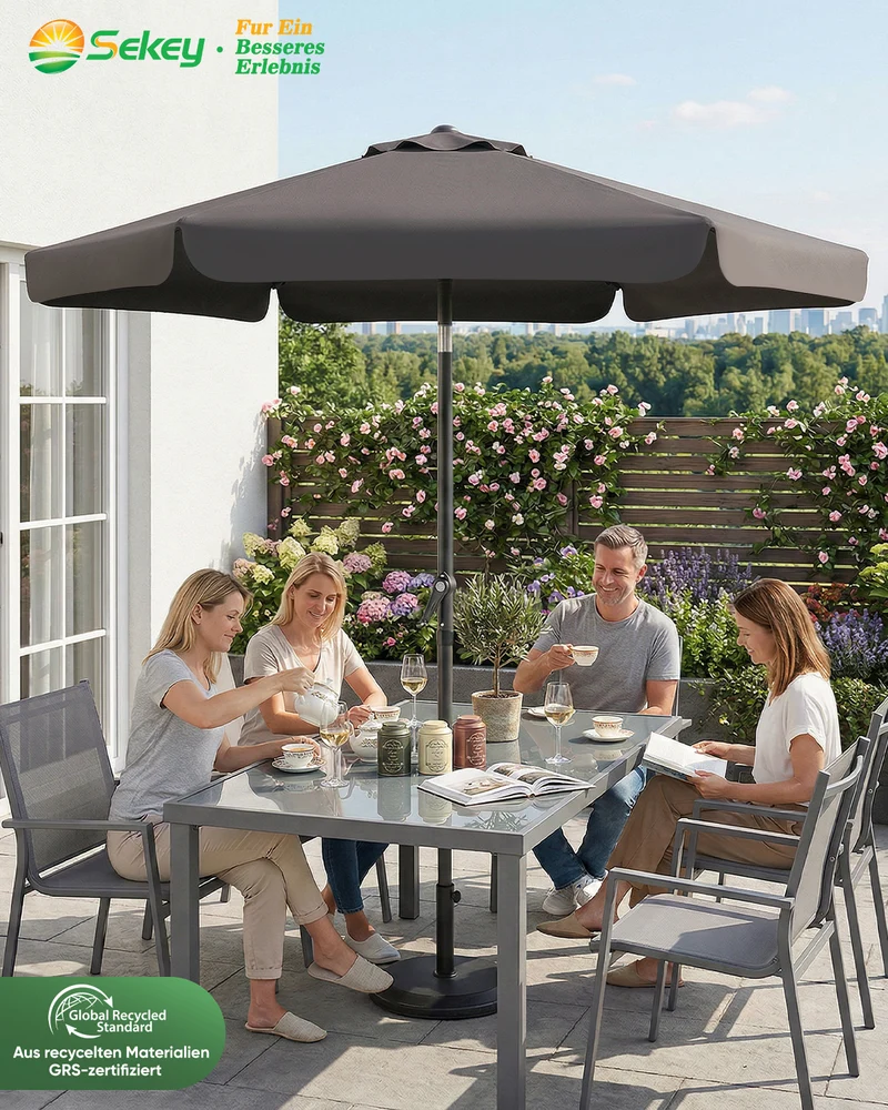 Sekey Sonnenschirm Ø200 cm rund mit Kurbel & Knickfunktion – Balkon Sonnenschirm UV50+, wetterfest & stabil für Terrasse, Garten & Camping